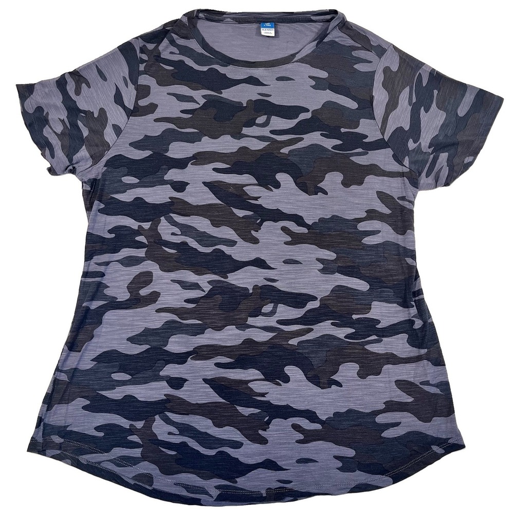 Old Navy Women's L Tall Luxe Crew Black Camo Tee Short Sleeve Stretch Top Shirts